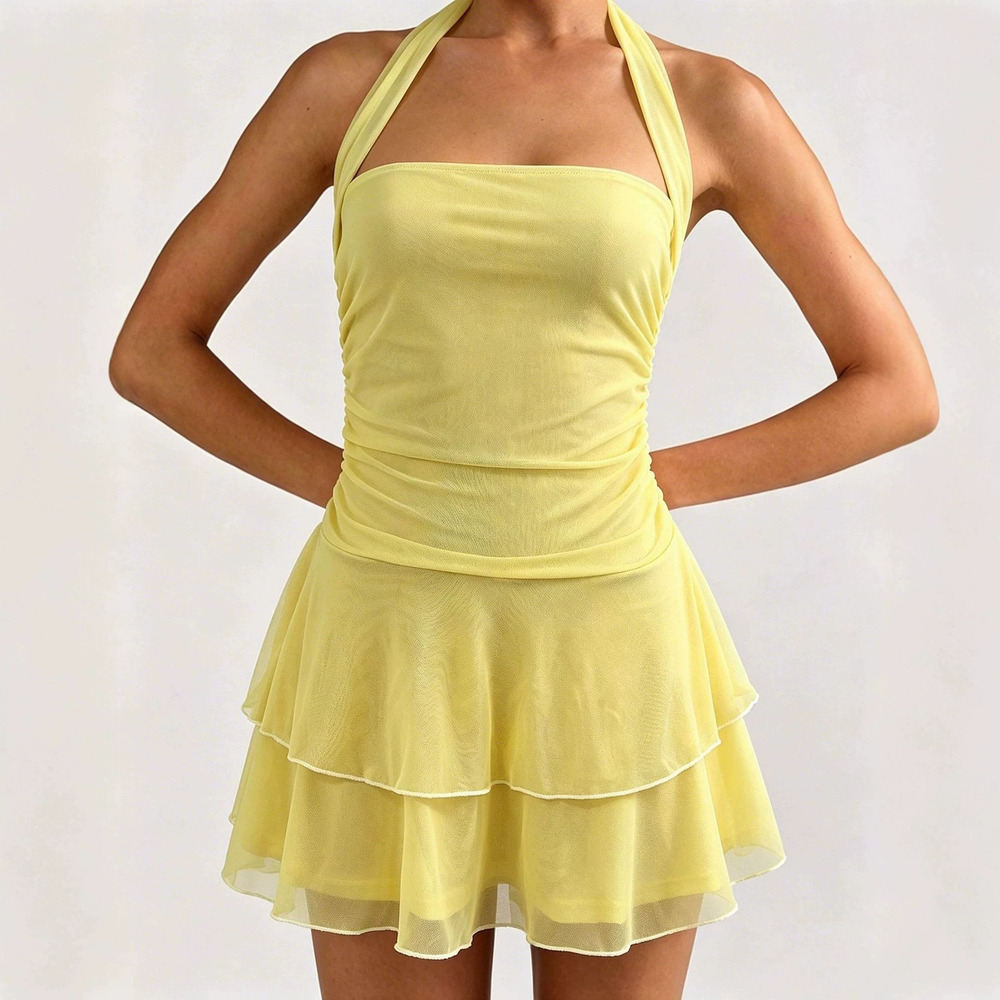Zara Halter Neck Ruched Waist Tulle Mini Dress Double Ruffle Beach